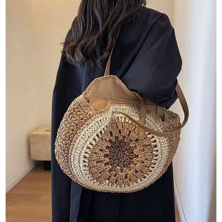 Makramee Strandtasche mit braunen Ledergriffen Skanto