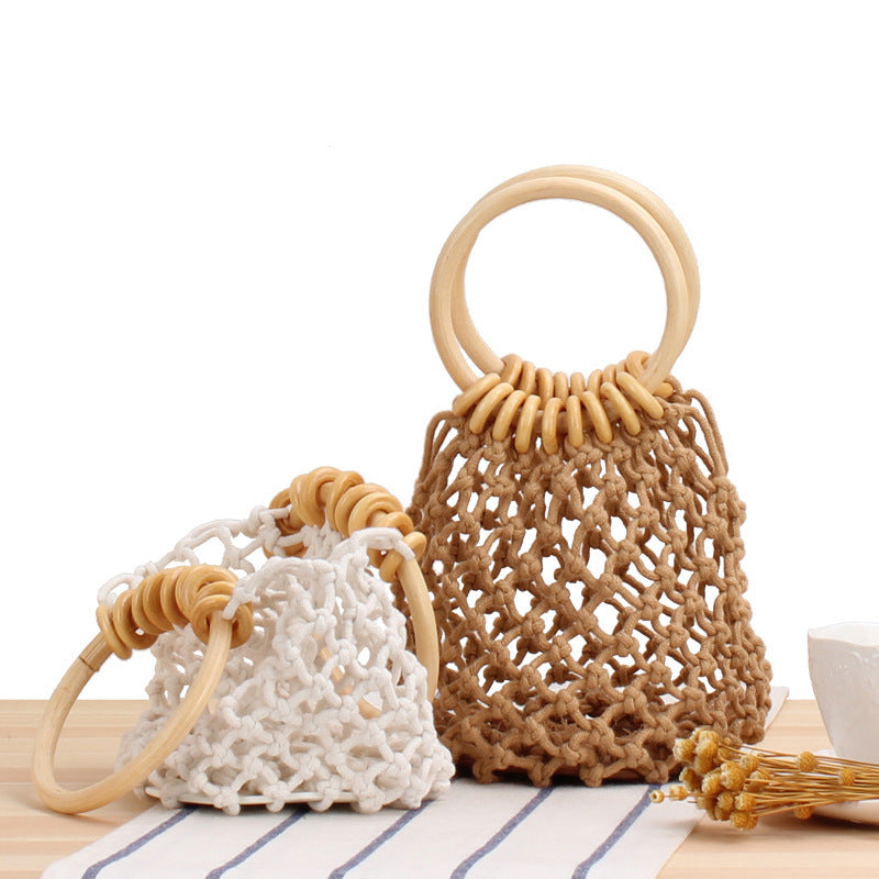 Tragetasche mit handgeknüpftem Netzdesign und Holzgriff Skanto