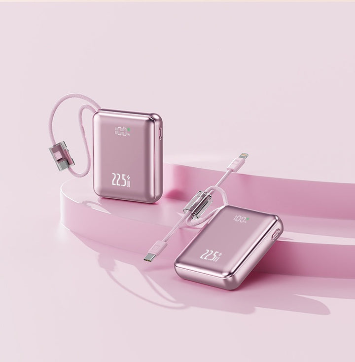 Kompakte Powerbank mit digitaler Leistungsanzeige und integriertem Ladekabel Skanto