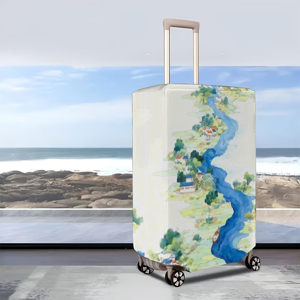 Unisexer nicht-dehnbarer Kofferbezug mit detailliertem Fluss- und Dorf-Illustrationsdruck, reißfester Stretch-Schutz für Hartschalen- und Stoff-Trolleys Skanto