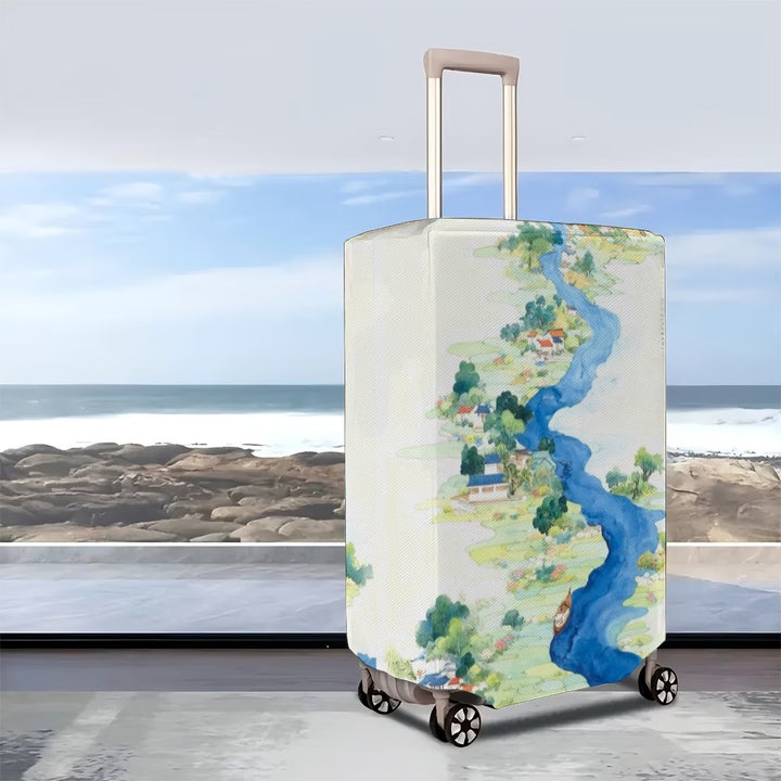 Unisexer nicht-dehnbarer Kofferbezug mit detailliertem Fluss- und Dorf-Illustrationsdruck, reißfester Stretch-Schutz für Hartschalen- und Stoff-Trolleys Skanto