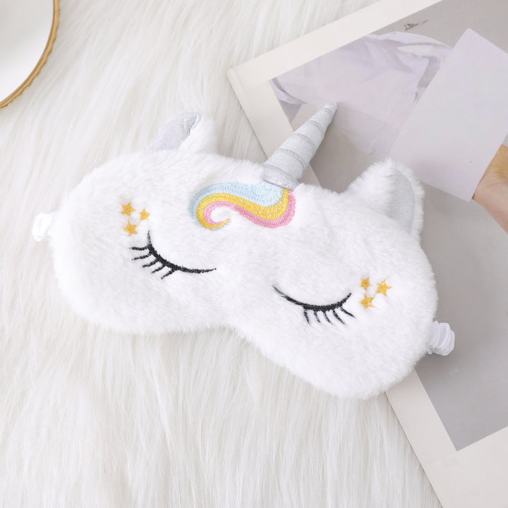 Niedliche Einhorn-Schlafmaske für Damen mit bestickten Wimpern, weichem Plüsch und elastischem Rüschenband Skanto