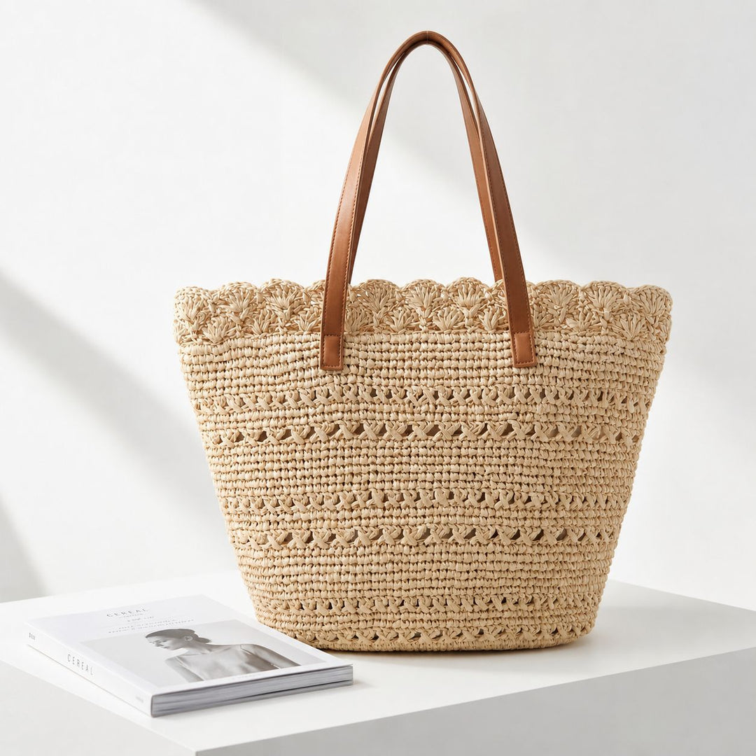 Strandtasche mit handgefertigtem Häkelmuster und Ledergriffen Skanto