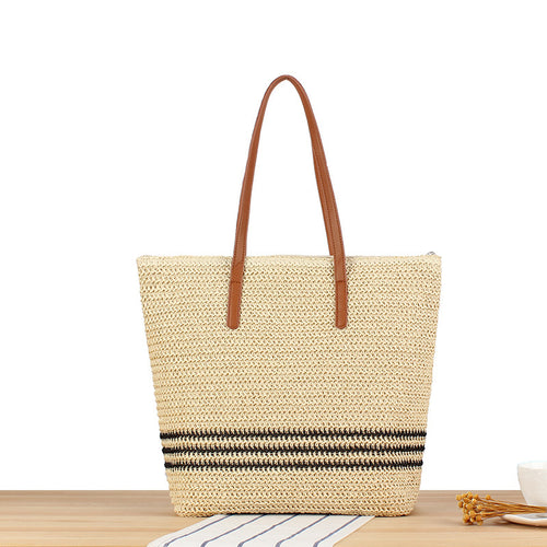 Stylische Strandtasche aus Naturgeflecht mit Ledergriffen Skanto