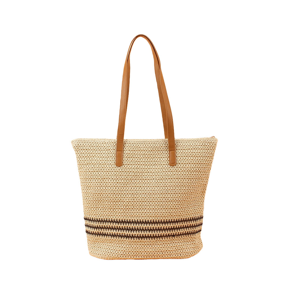 Trendige Strandtasche aus geflochtenem Raffia mit eleganten Ledergriffen Skanto