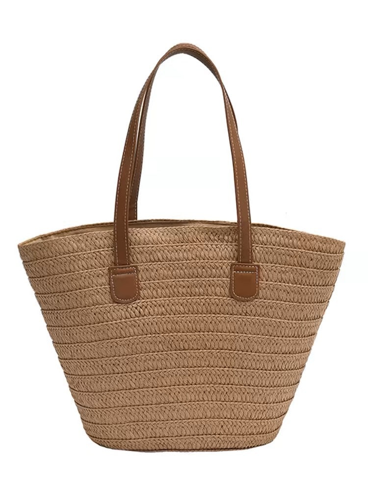 Stylische Strandtasche aus geflochtenem Naturmaterial mit Ledergriffen Skanto