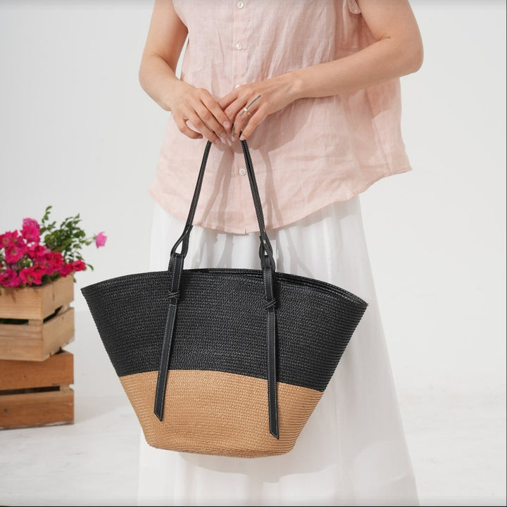 Elegante Strandtasche aus gewebtem Naturmaterial mit Lederdetails Skanto