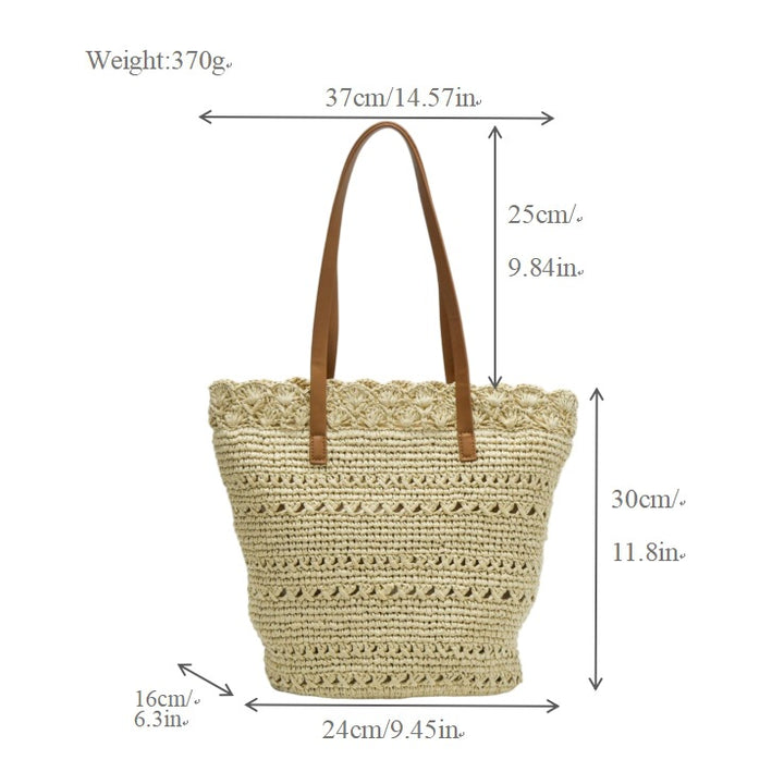 Strandtasche mit handgefertigtem Häkelmuster und Ledergriffen Skanto