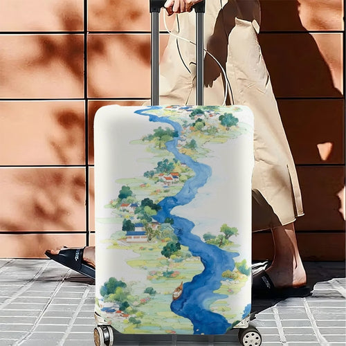 Unisexer nicht-dehnbarer Kofferbezug mit detailliertem Fluss- und Dorf-Illustrationsdruck, reißfester Stretch-Schutz für Hartschalen- und Stoff-Trolleys Skanto
