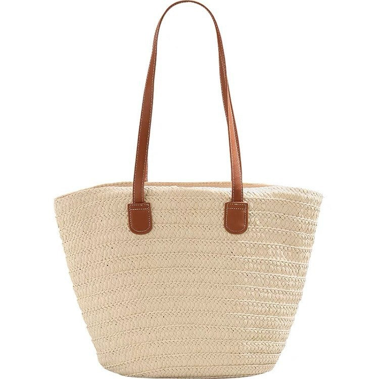 Stylische Strandtasche aus geflochtenem Naturmaterial mit Ledergriffen Skanto
