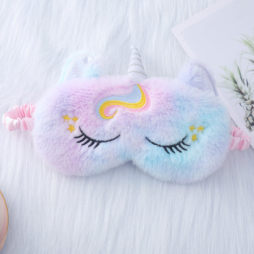 Niedliche Einhorn-Schlafmaske für Damen mit bestickten Wimpern, weichem Plüsch und elastischem Rüschenband Skanto