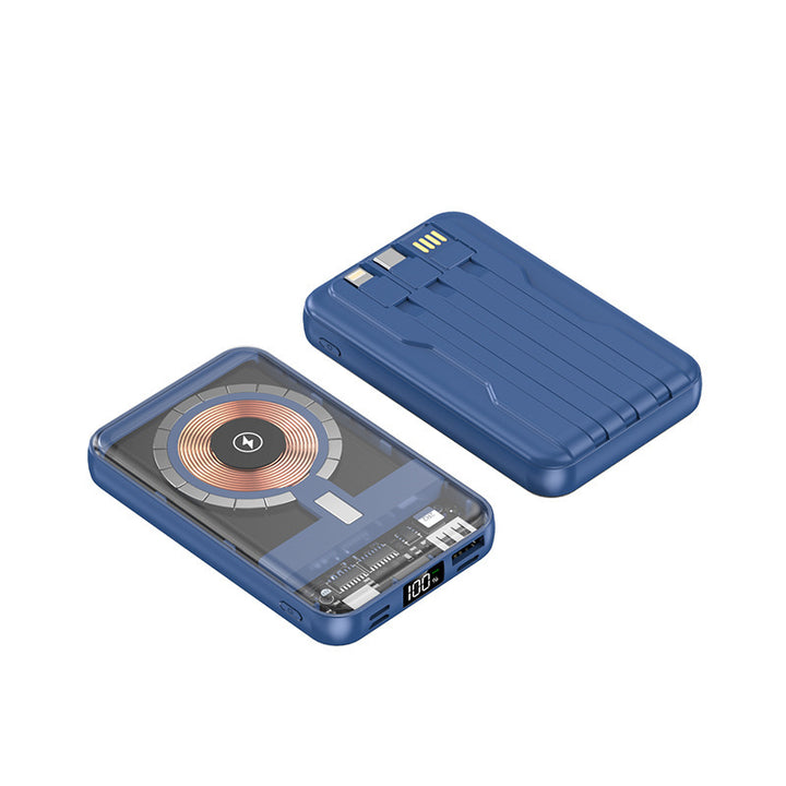 Tragbare Powerbank mit kabelloser Ladefunktion und integriertem Kabelsystem Skanto