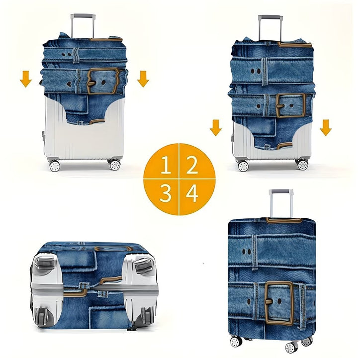 Unisex stylische Kofferhülle mit Denim-Gürtel-Motiv, elastische Schutzhülle für Rollkoffer Skanto