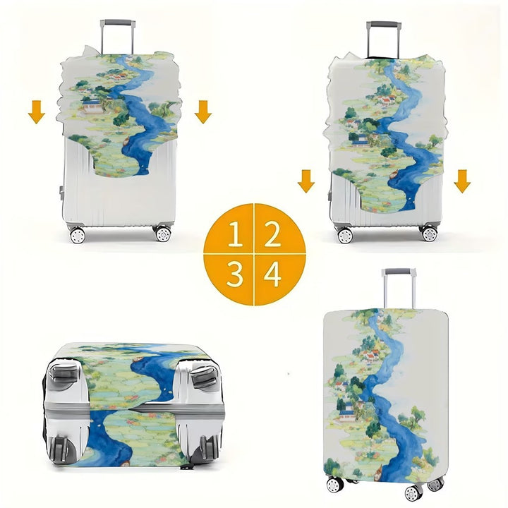 Unisexer nicht-dehnbarer Kofferbezug mit detailliertem Fluss- und Dorf-Illustrationsdruck, reißfester Stretch-Schutz für Hartschalen- und Stoff-Trolleys Skanto