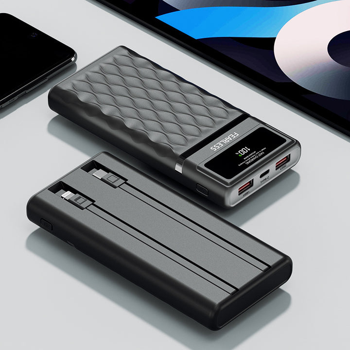 Multifunktionale Powerbank mit digitaler Ladeanzeige und integrierten Kabeln Skanto