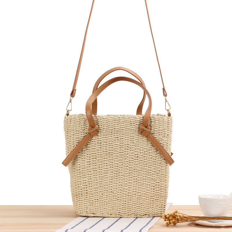 Gewebte Naturmaterial-Handtasche mit abnehmbaren Ledergriffen Skanto
