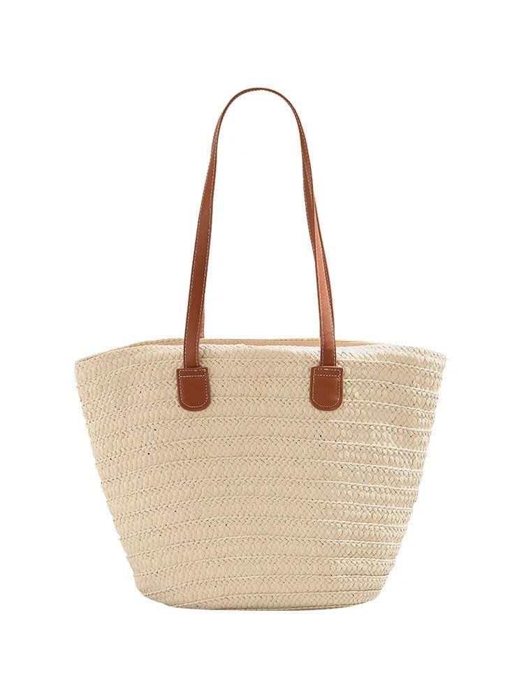 Stylische Strandtasche aus geflochtenem Naturmaterial mit Ledergriffen Skanto