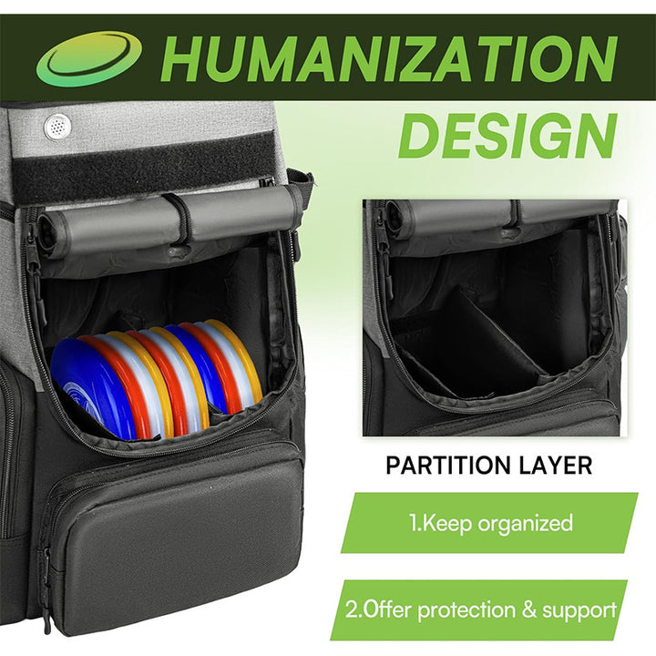 Unisex robuster Discgolf-Rucksack mit gepolstertem Disc-Fach, seitlicher Flaschentasche und multifunktionalen Zubehörtaschen Skanto