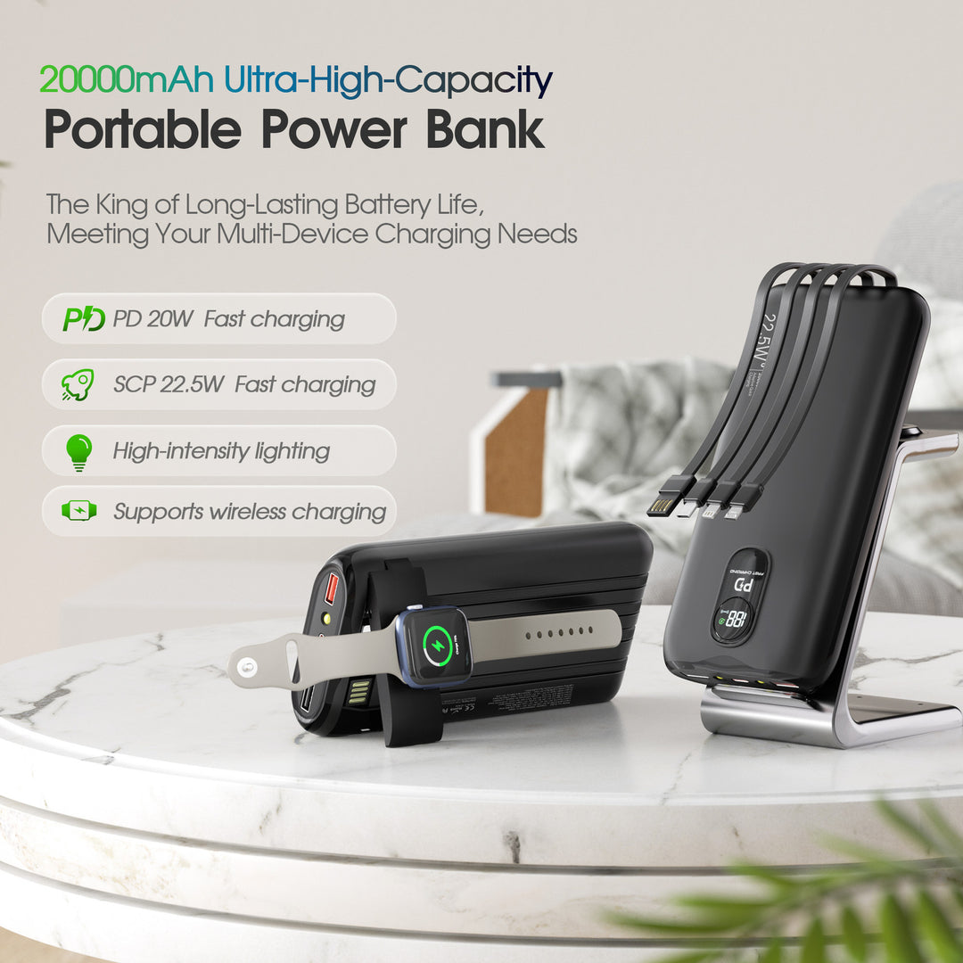 Powerbank mit integrierten Ladekabeln und LCD-Bildschirm Skanto