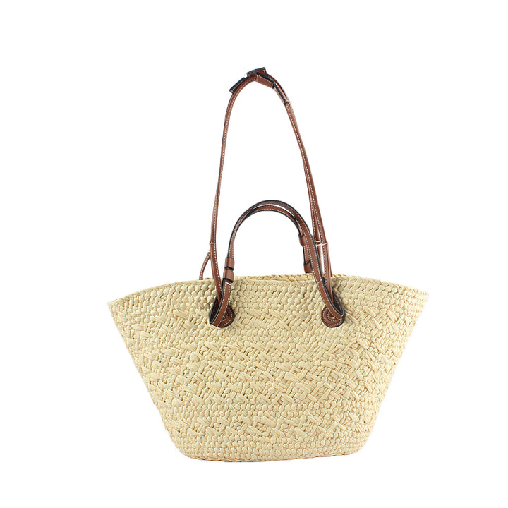 Elegante gewebte Handtasche aus Naturmaterial mit robusten Ledergriffen Skanto
