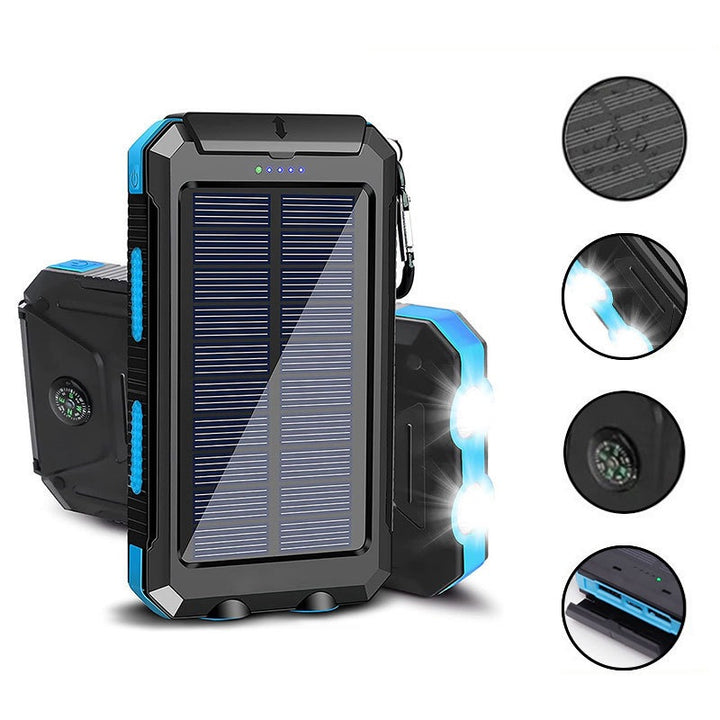 Solarbetriebene Powerbank mit integriertem Kompass und Karabinerhaken Skanto