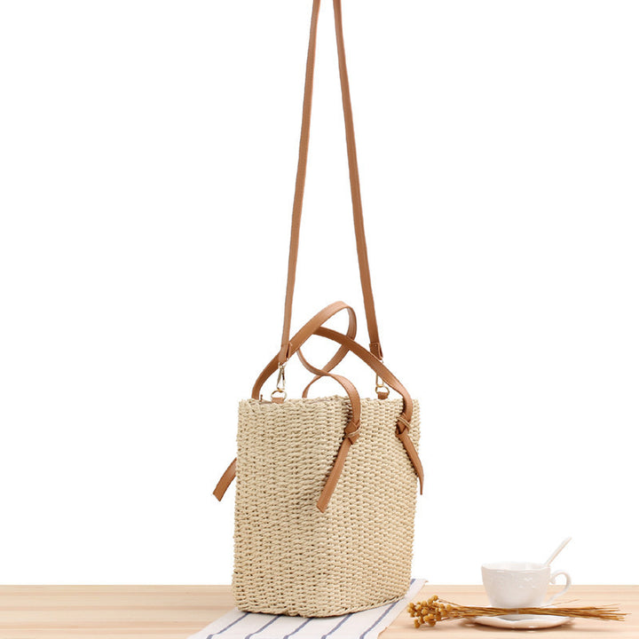 Gewebte Naturmaterial-Handtasche mit abnehmbaren Ledergriffen Skanto