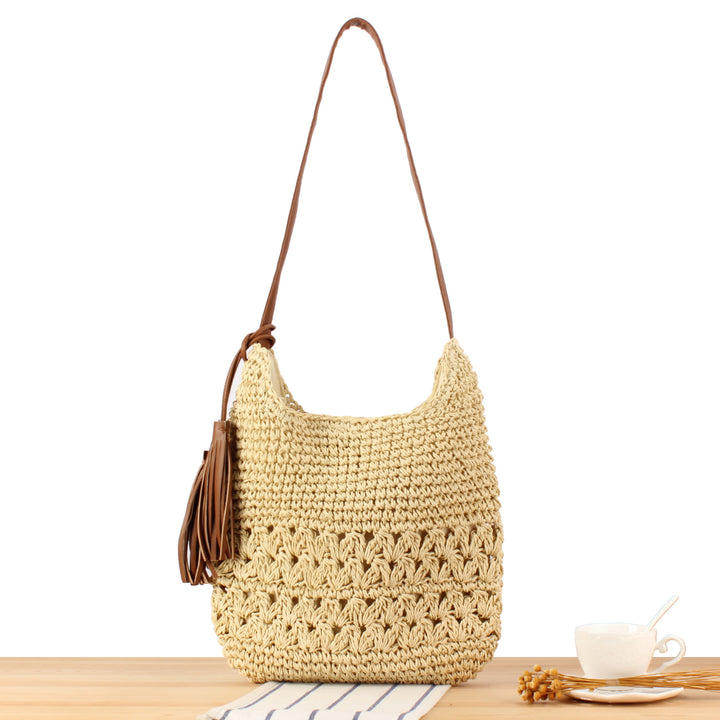 Schultertasche aus handgeknüpften Naturmaterialien mit fransenverziertem Schulterriemen Skanto