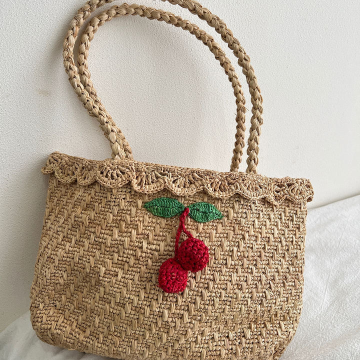 Handgemachte Strohtasche mit buntem Zitronen-Design Skanto
