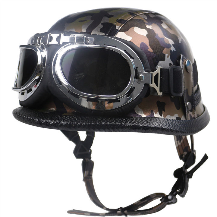 Vintage Leder Motorradhelm mit Brille Skanto