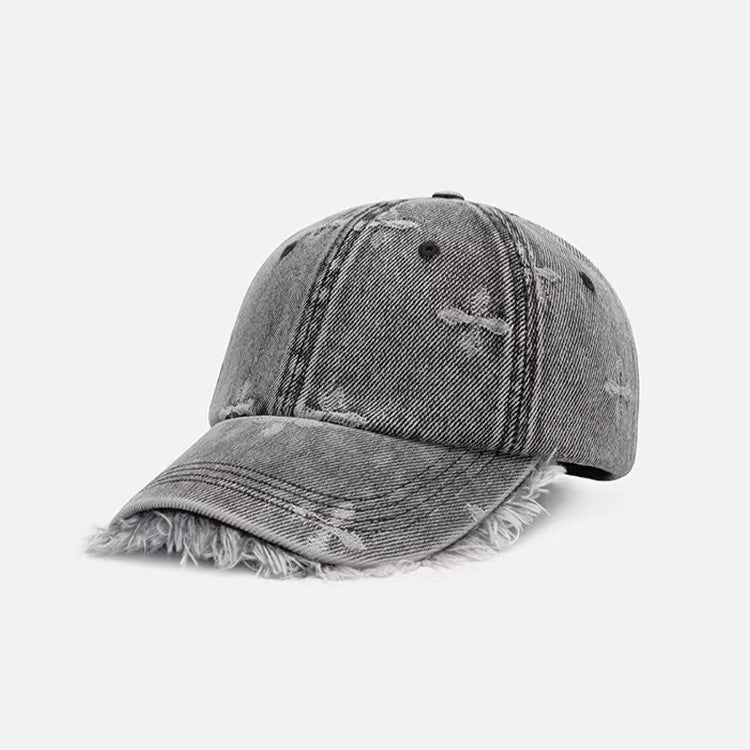 Damen Baseballkappe im Used-Look aus Jeans mit Fransen Skanto