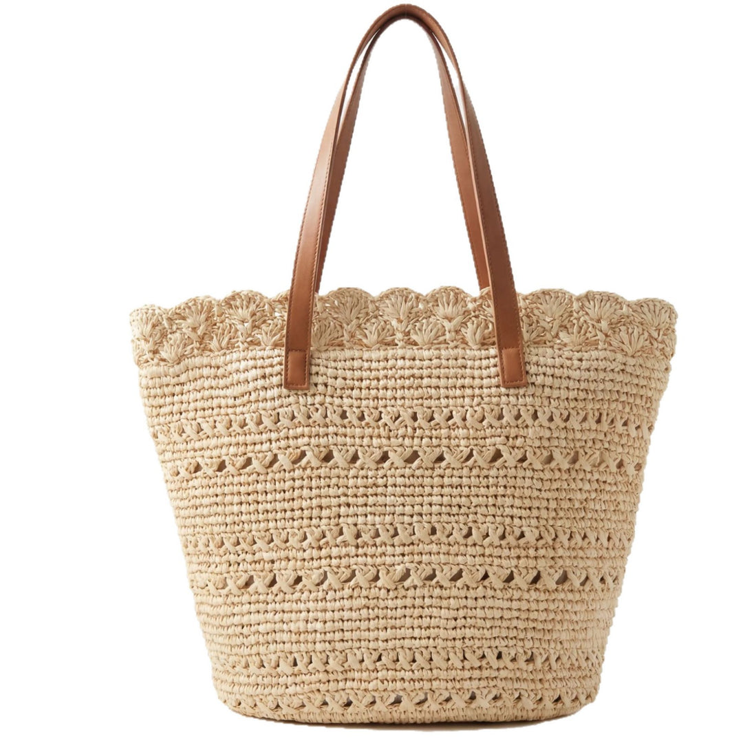 Strandtasche mit handgefertigtem Häkelmuster und Ledergriffen Skanto