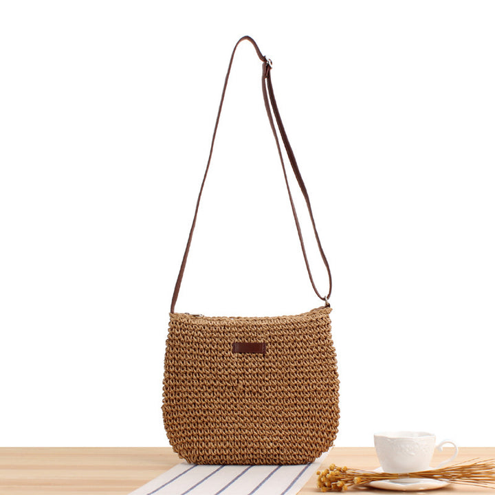Schultertasche aus gewebtem Naturmaterial mit abnehmbarem Lederriemen Skanto
