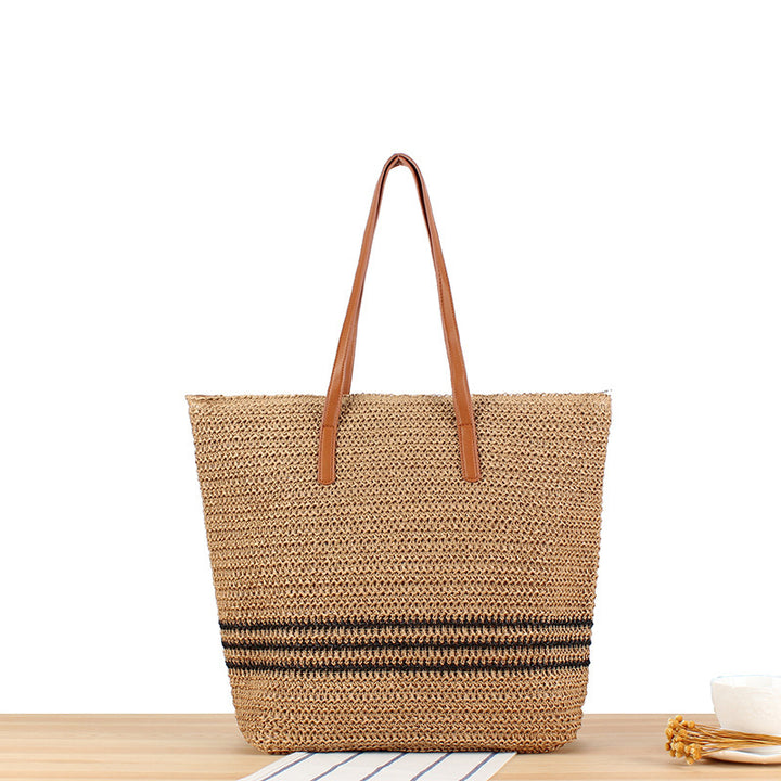Stylische Strandtasche aus Naturgeflecht mit Ledergriffen Skanto