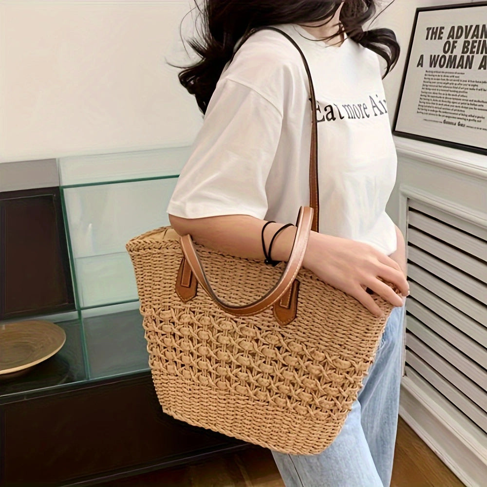 Handtasche aus geflochtenem Naturmaterial mit eleganten Ledergriffen Skanto