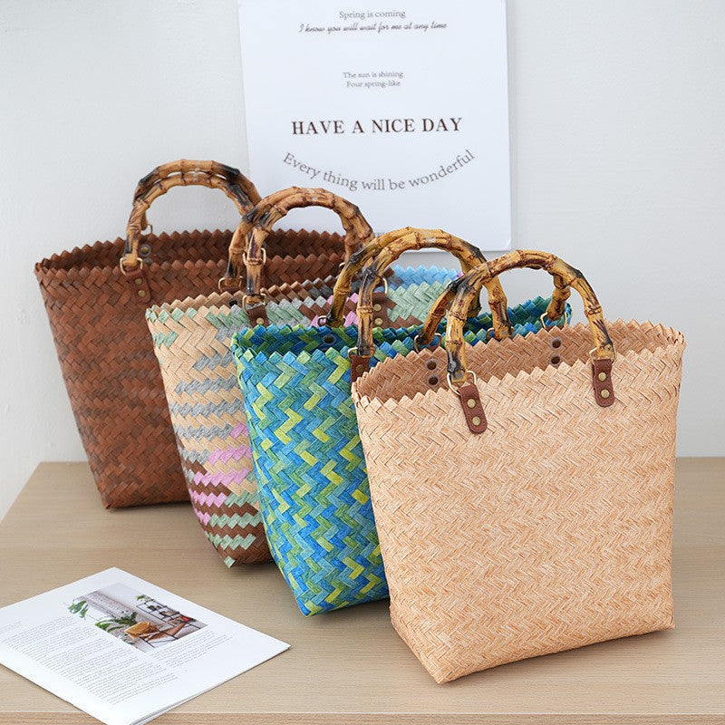 Handtasche aus gewebtem Material mit Bambusgriff Skanto