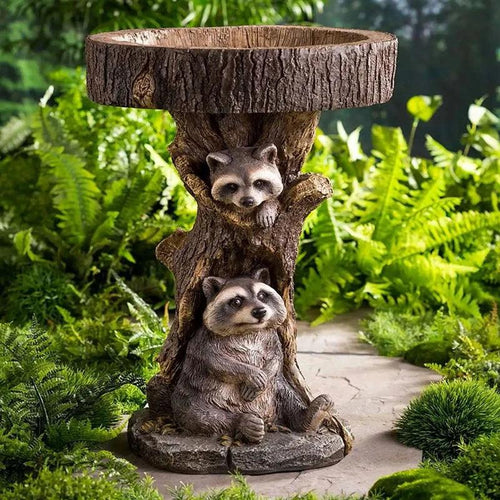 Skanto | Vintage Garten-Vogelbad – Polyresin Waschbär-Design für Outdoor-Charme