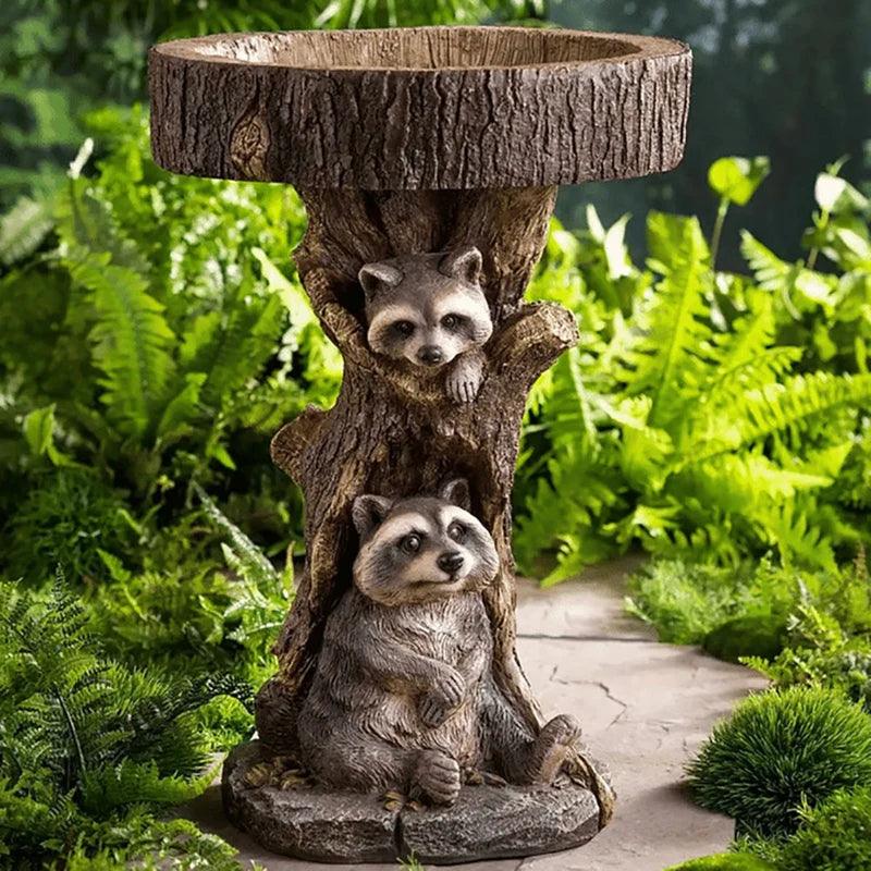 Skanto | Vintage Garten-Vogelbad – Polyresin Waschbär-Design für Outdoor-Charme