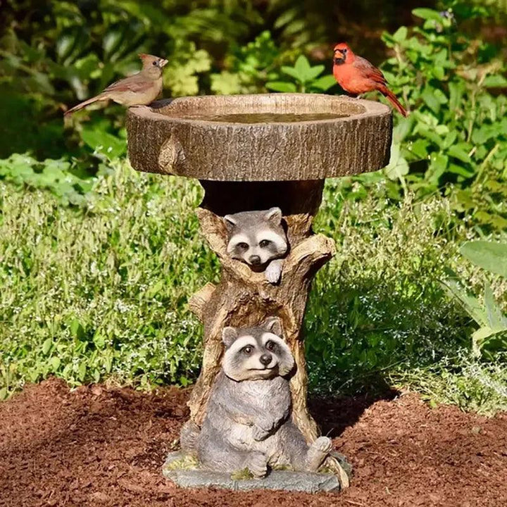 Skanto | Vintage Garten-Vogelbad – Polyresin Waschbär-Design für Outdoor-Charme