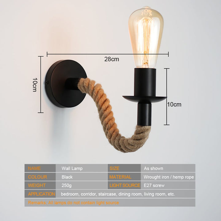 Skanto | Retro Hanfseil Industrie-Loft-Wandlampe