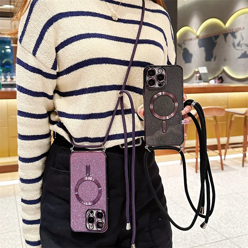 Luxuriöse MagSafe Glitter Crossbody Strap Hülle für iPhone 13 Galvanisierte kabellose Lade-TPU-Rückseite mit Lanyard
