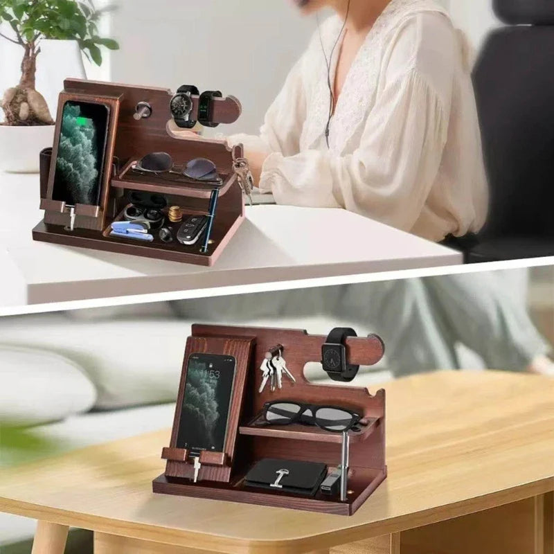 Skanto | Nachttisch-Handy-Dockingstation aus Holz – Multifunktionale Ablage für Geldbörse, Uhr & Aufbewahrung, ideal für Valentinstag