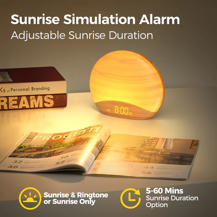 Skanto | Sonnenaufgangs-Wecklicht-Alarmwecker mit 8 Farben, 26 Schlafgeräuschen und Holzmaserung-Design