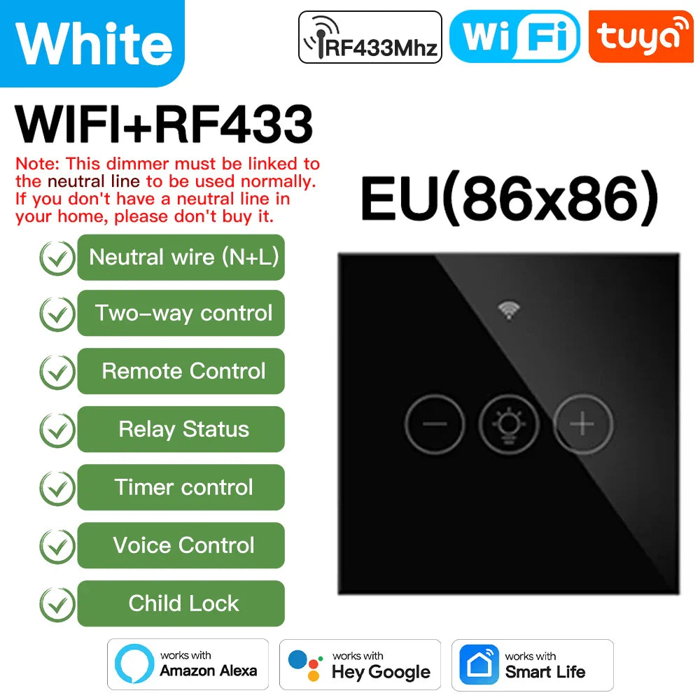 Tuya Smart Licht Wandschalter mit Neutralleiter - WiFi Dimmer Steuerung über SmartLife Google Alexa Apps