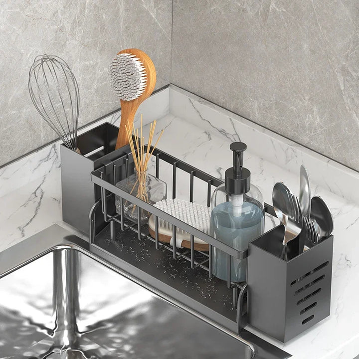 Skanto | Ordinaqua Spülbecken-Organizer-Regal | Selbstentleerend | Halter für Schwamm, Seife & Tuch | Erweiterbar & Hygienisch | ABS-Kunststoff