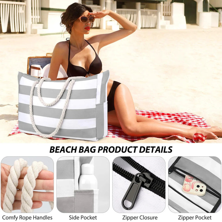Skanto | Marivalis Gestreifte Strandtasche mit Reißverschluss | Faltbar & Wasserdicht | Sandabweisendes Canvas | Für Reise & Urlaub