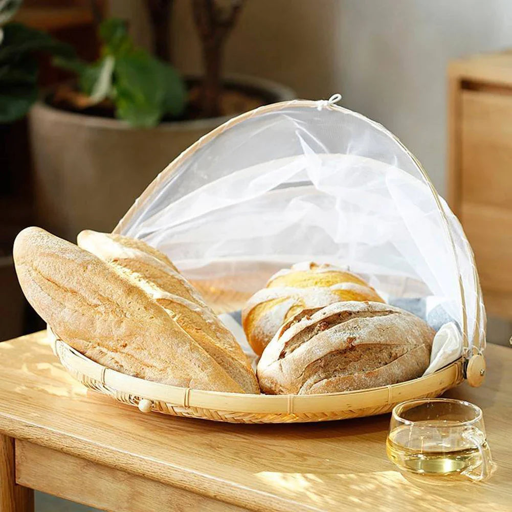 Skanto | Bambus-Flechtkorb mit Moskitonetz – Tragbarer Outdoor-Obst- und Gemüsetisch mit Netzabdeckung