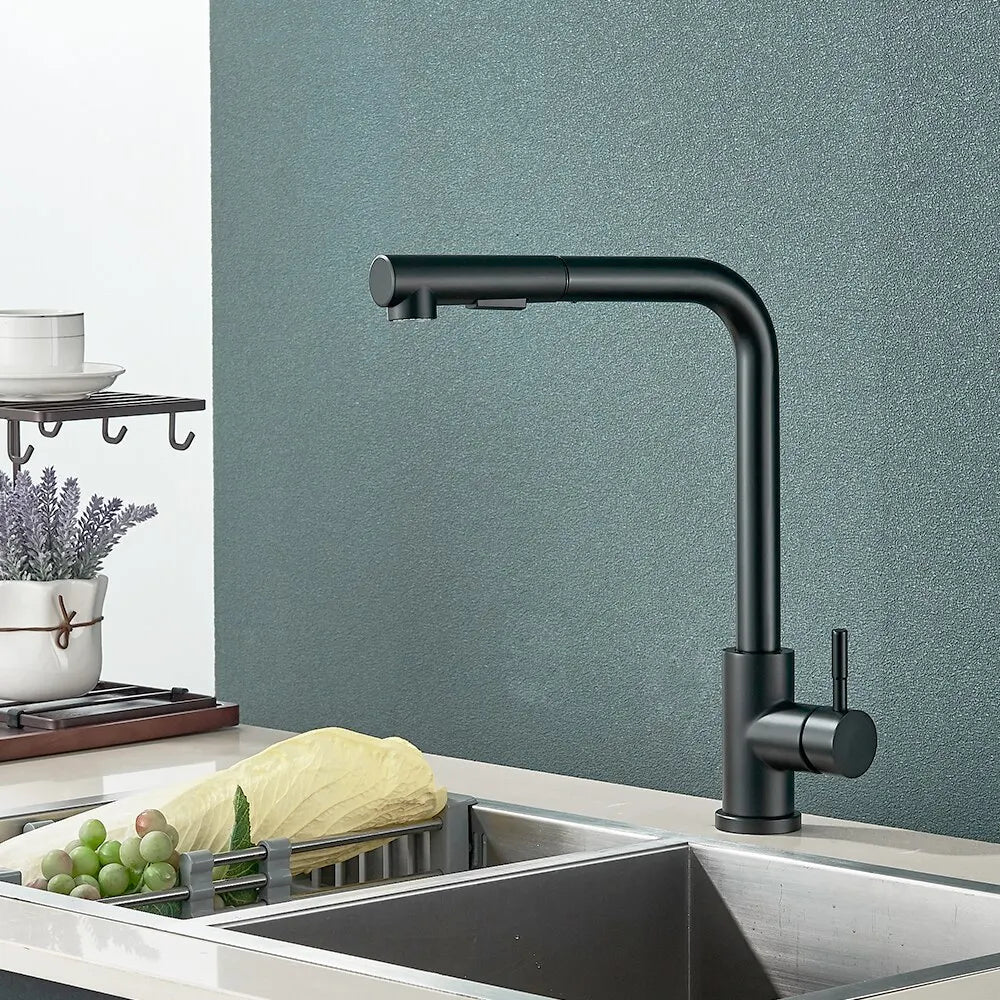 Skanto | Schwarzer ausziehbarer Küchenarmatur – Flexibler 2-Modus Strahl- & Sprühdüse, Edelstahl Warm-Kaltwasser-Mischbatterie