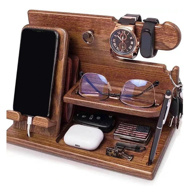 Skanto | Nachttisch-Handy-Dockingstation aus Holz – Multifunktionale Ablage für Geldbörse, Uhr & Aufbewahrung, ideal für Valentinstag