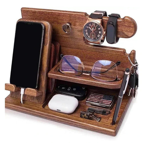 Skanto | Nachttisch-Handy-Dockingstation aus Holz – Multifunktionale Ablage für Geldbörse, Uhr & Aufbewahrung, ideal für Valentinstag