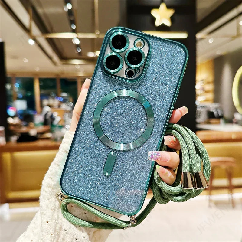 Luxuriöse MagSafe Glitter Crossbody Strap Hülle für iPhone 13 Galvanisierte kabellose Lade-TPU-Rückseite mit Lanyard